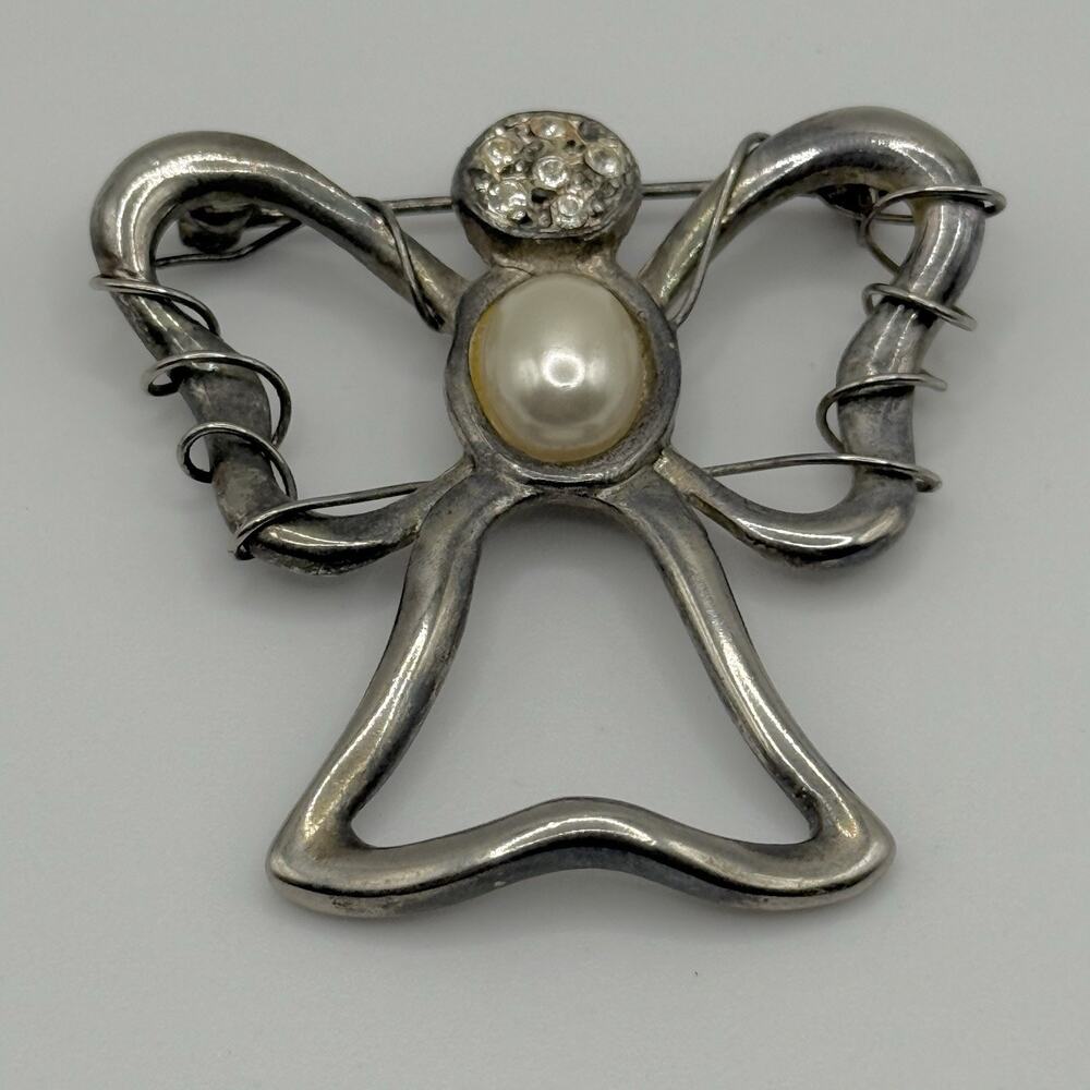 Vintage KC Kenneth Cole Angel Brooch Faux Pearl Rhinestone‎ Wire Wrapped Holiday